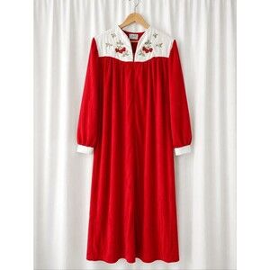 Vintage Katz Strawberry Embroidered Red Velour Zip Front House Robe Cottagecore